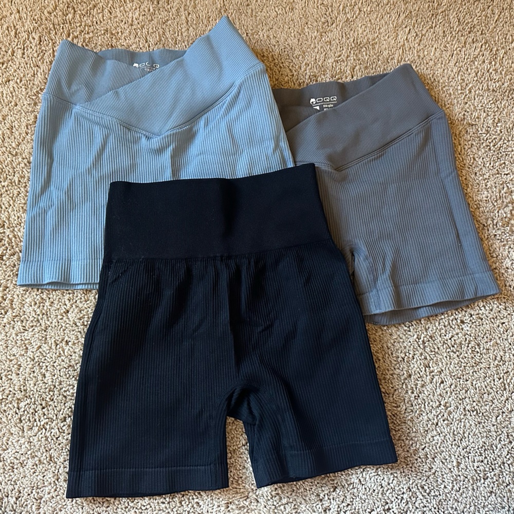 Set of Three Ribbed Biker Shorts - Black, Gray, Blue